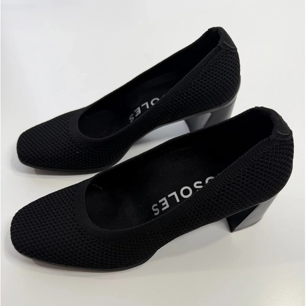 Aerosoles Casanna Black Knit Block Heel Pumps Square Toe Shoes Womens 7M
